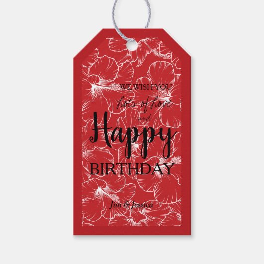 Blooming Hibiscus Floral Sketch Red Cadeaulabel (Voorkant)