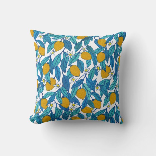 Blooming Lemon: Waterverf bloemenontwerp. Kussen (Voorkant)