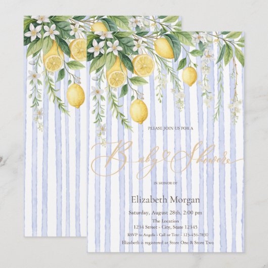  Blooming Lemons Blue Striped Baby Shower Kaart (Voorkant / Achterkant)