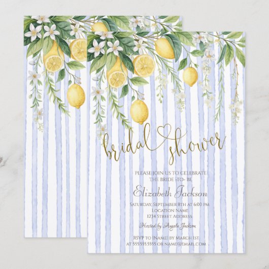 Blooming Lemons Blue Stripes Bridal Shower  Kaart (Voorkant / Achterkant)