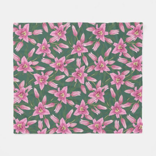 Blooming Lilies in Deep Green Fleece Blanket (Voorkant (Horizontaal))