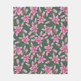 Blooming Lilies in Deep Green Fleece Blanket Deken