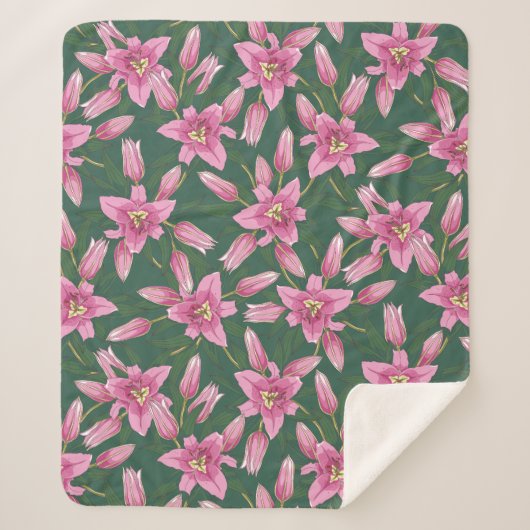 Blooming Lilies in Deep Green Sherpa Deken (Voorkant)