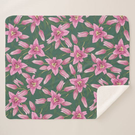 Blooming Lilies in Deep Green Sherpa Deken (Voorkant (horizontaal))