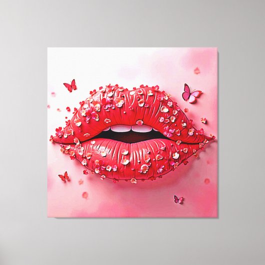 Blooming Lips: Floral Butterfly Kiss Canvas Afdruk (Voorkant)