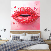 Blooming Lips: Floral Butterfly Kiss Canvas Afdruk (Insitu (Slaapkamer))