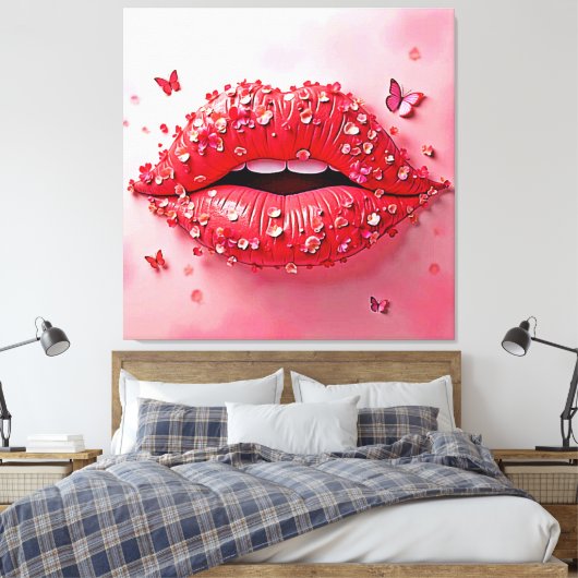 Blooming Lips: Floral Butterfly Kiss Canvas Afdruk (Insitu (Slaapkamer))