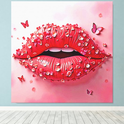 Blooming Lips: Floral Butterfly Kiss Canvas Afdruk (Insitu (Houten vloer))