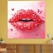 Blooming Lips: Floral Butterfly Kiss Canvas Afdruk (Insitu (Woonkamer))