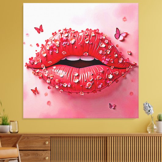 Blooming Lips: Floral Butterfly Kiss Canvas Afdruk (Insitu (Woonkamer))