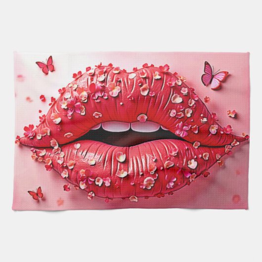 Blooming Lips: Floral Butterfly Kiss Theedoek (Horizontaal)