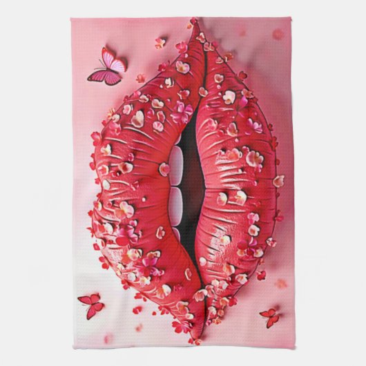 Blooming Lips: Floral Butterfly Kiss Theedoek (Verticaal)