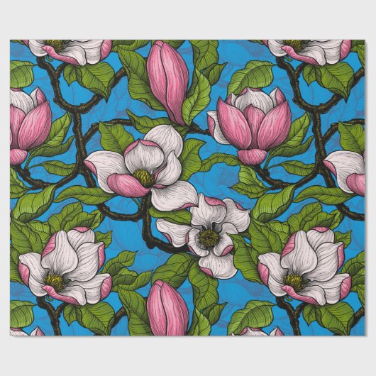 Blooming magnolia op blauw cadeaupapier (Vlak)