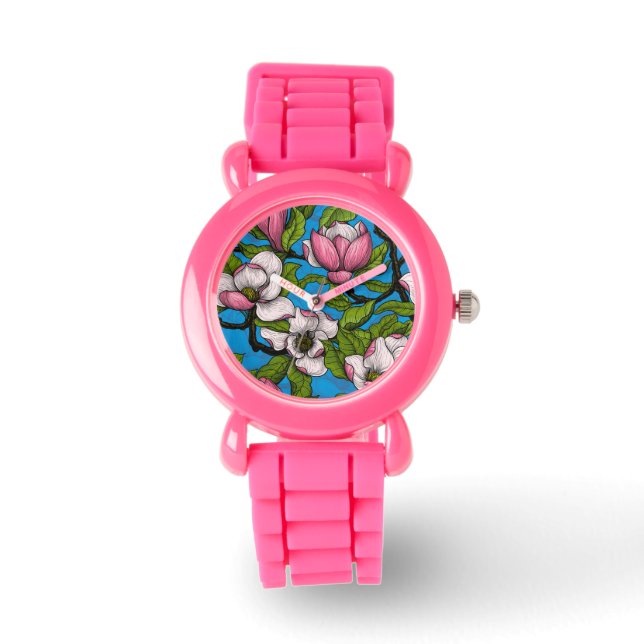 Blooming magnolia op blauw horloge (Voorkant)