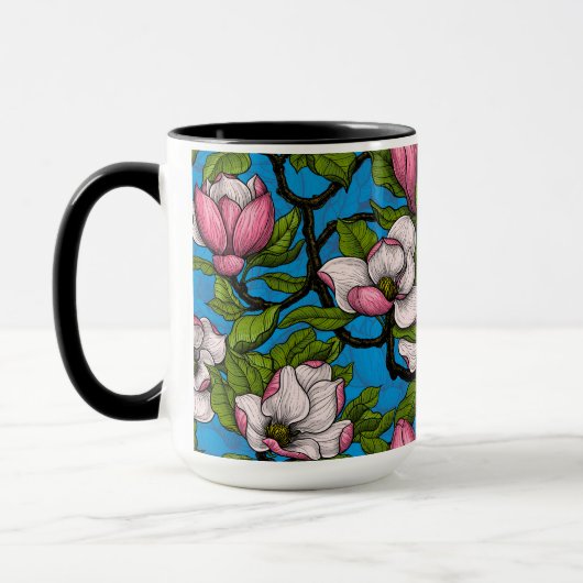 Blooming magnolia op blauw mok (Links)