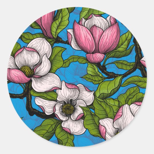 Blooming magnolia op blauw ronde sticker (Voorkant)