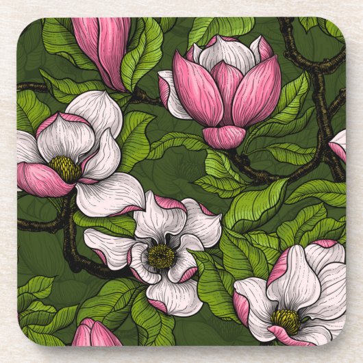 Blooming magnolia op donkergroen bier onderzetter (Voorkant)