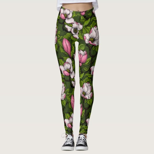 Blooming magnolia op donkergroen leggings (Voorkant)