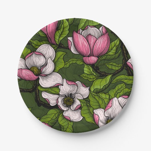 Blooming magnolia op donkergroen papieren bordje (Voorkant)