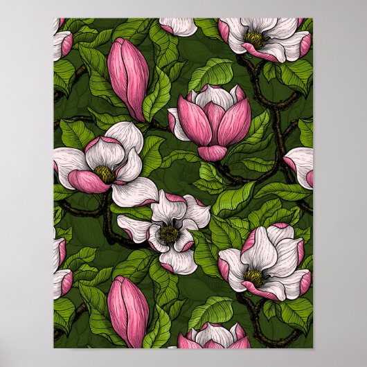 Blooming magnolia op donkergroen poster (Voorkant)