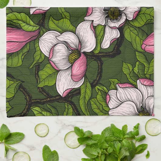 Blooming magnolia op donkergroen theedoek (Gevouwen)