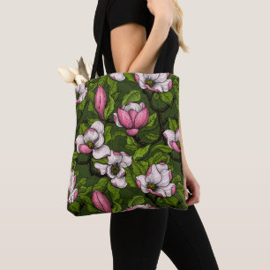 Blooming magnolia op donkergroen tote bag