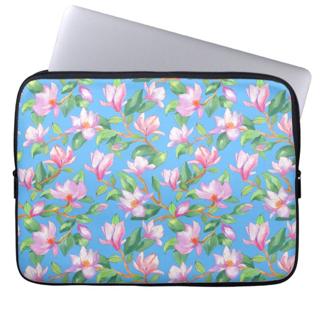 Blooming magnolia op sky blue laptop sleeve (Voorkant)