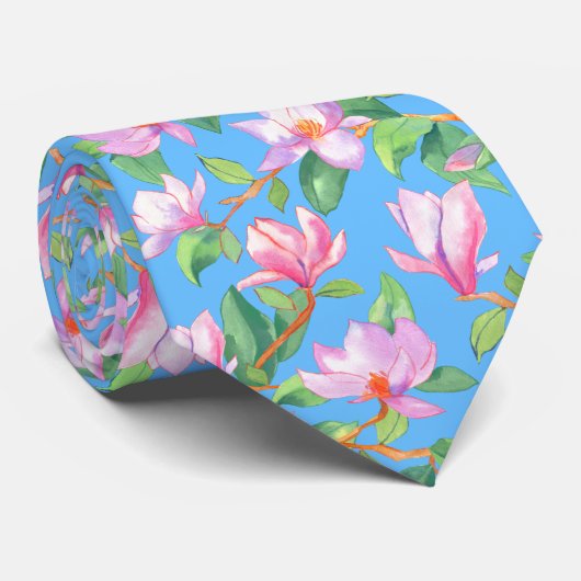 Blooming magnolia op sky blue stropdas (Opgerold)