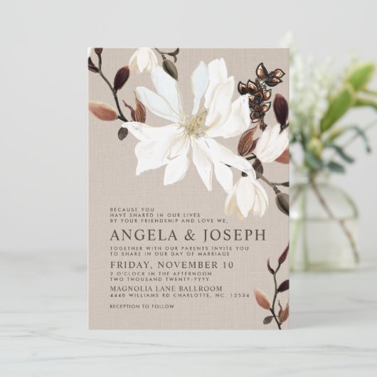 Blooming Magnolias Burlap | Bruin huwelijk Kaart (Staand voorkant)