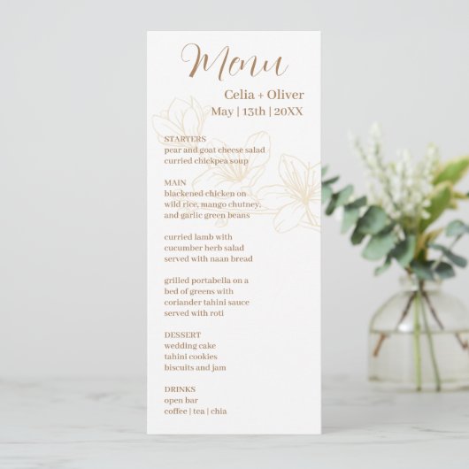 Blooming met liefde: Minimale witte bruiloft Menu  (Staand voorkant)