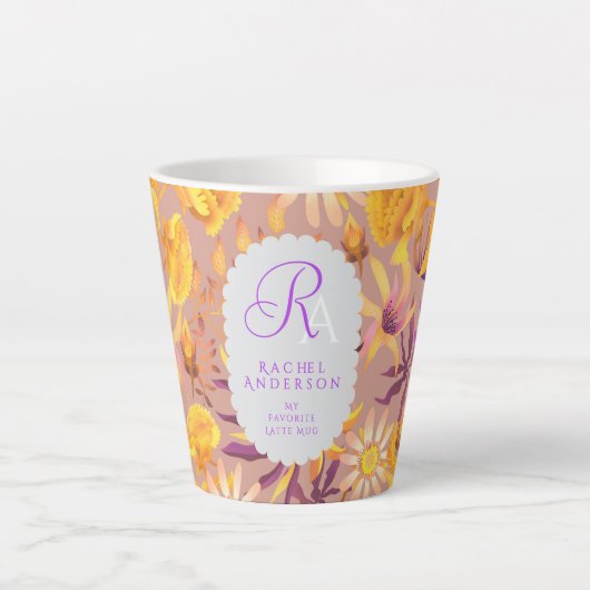 Blooming Mystical Floral Monogram Brown Latte Mug Latte Mok (Voorkant)