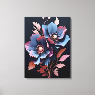 Blooming Night: Blauwe en roze bloemen Canvas Afdruk