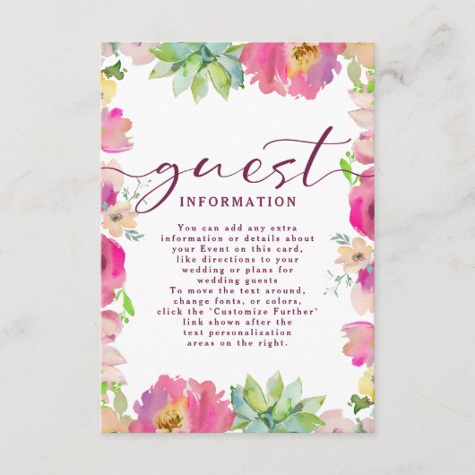 Blooming Pink Floral bruiloft gastinformatie Informatiekaartje (Voorkant)