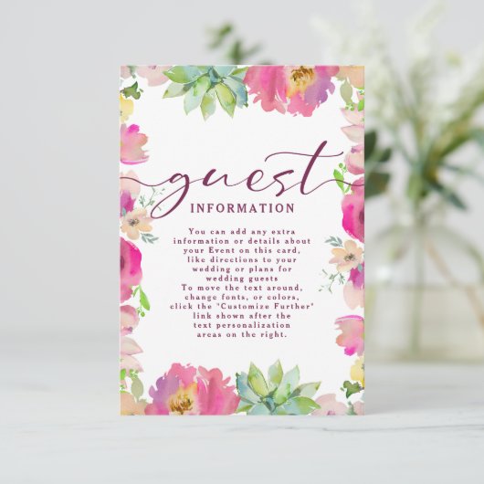 Blooming Pink Floral bruiloft gastinformatie Informatiekaartje (Staand voorkant)
