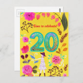 Blooming Pink Floral Chic 20e verjaardag Glitter Briefkaart (Voorkant / Achterkant)
