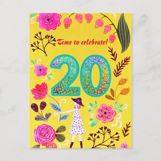 Blooming Pink Floral Chic 20e verjaardag Glitter Briefkaart (Voorkant)