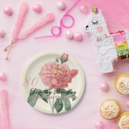 Blooming Roos 80e verjaardag PP Papieren Bordje (Feest)