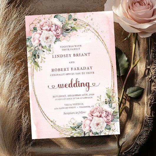 Blooming Rose Gold Blush Floral Eucalyptus Wedding Kaart
