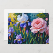 Blooming Roses and Purle Iris Flowers  Feestdagenkaart (Voorkant / Achterkant)