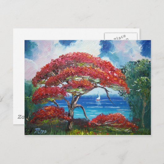 Blooming Royal Pooverana Tree and Sailboat Briefkaart (Voorkant / Achterkant)