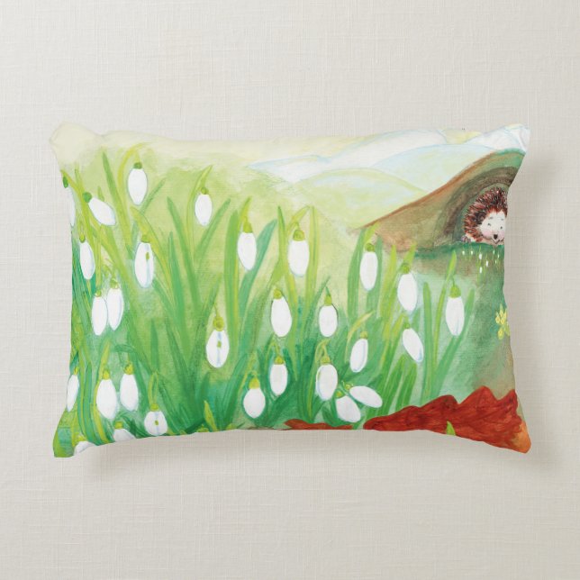 Blooming Snowdrops en een afbeelding van een egel Accent Kussen (Voorkant)