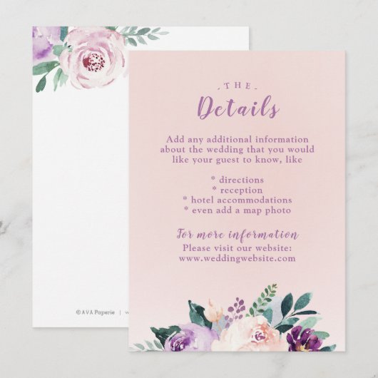 Blooming van botanische paarse trouwkoffer informatiekaartje (Voorkant / Achterkant)