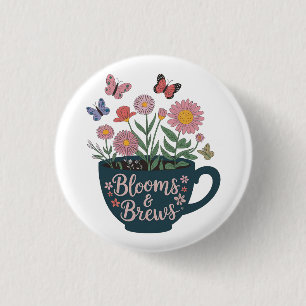 Blooms & Brews Design - Whimsical Floral Graphic Ronde Button 3,2 Cm