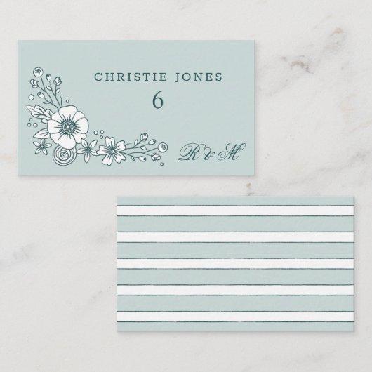  Blooms Floral Wedding Place Card - Blauwgroen Informatiekaartje (Voorkant / Achterkant)