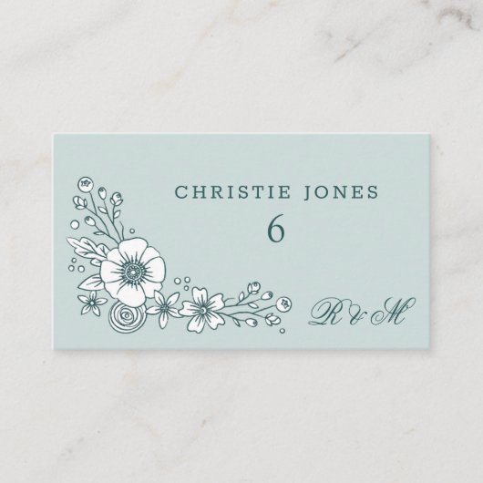  Blooms Floral Wedding Place Card - Blauwgroen Informatiekaartje (Voorkant)