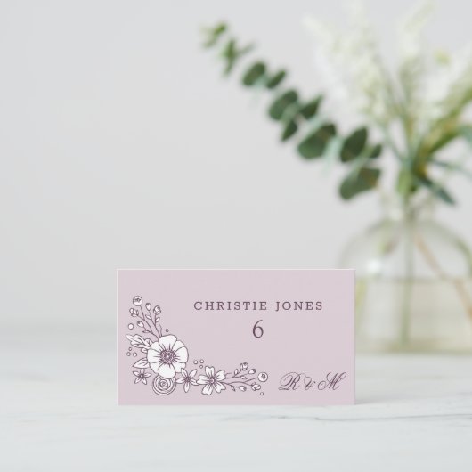 Blooms Floral Wedding Place Card - Paars Informatiekaartje (Staand voorkant)