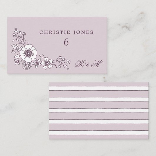  Blooms Floral Wedding Place Card - Paars Informatiekaartje (Voorkant / Achterkant)