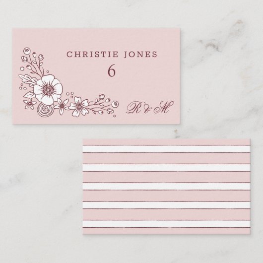  Blooms Floral Wedding Place Card - Roze Informatiekaartje (Voorkant / Achterkant)