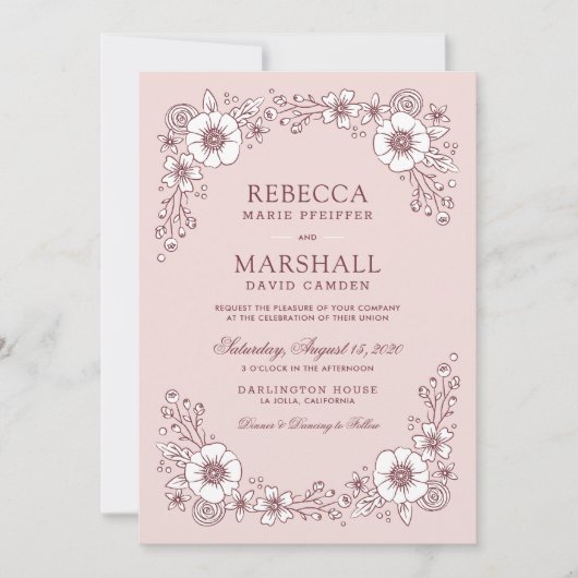  Blooms - uitnodiging voor een bruiloft - Roze (Voorkant)