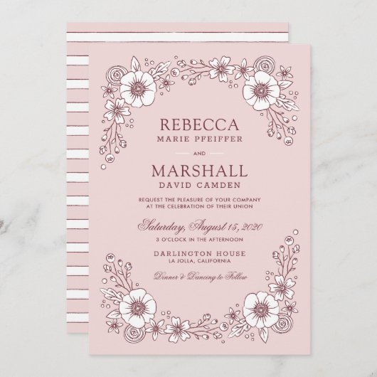  Blooms - uitnodiging voor een bruiloft - Roze (Voorkant / Achterkant)